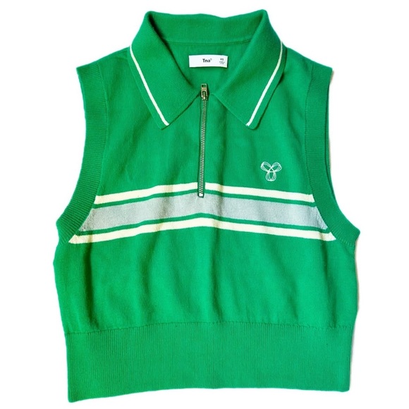 Green Polo Cropped Tank Top with White Stripes & Zipper Detailing - Picture 1 of 1
